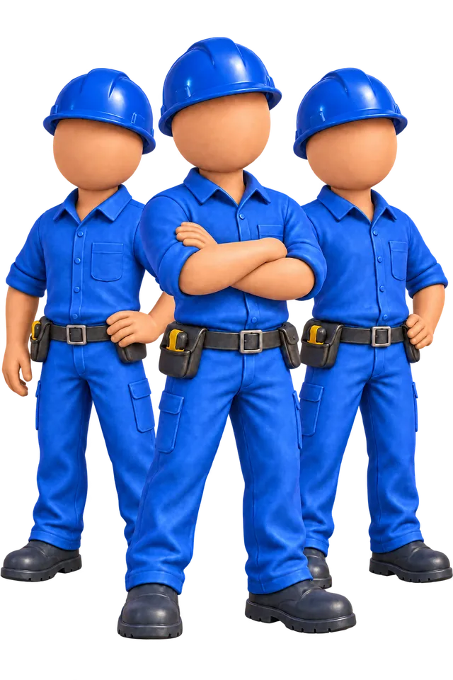 Three BlueProprty construction workers posing together, the central worker with arms crossed.